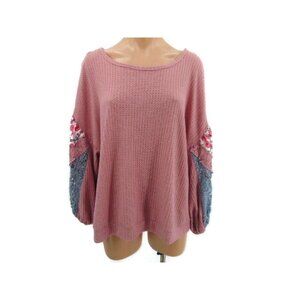 Umgee Pink Waffle Knit Puff Sleeves Top XL Lace Crochet Inset Drop Shoulder Boho